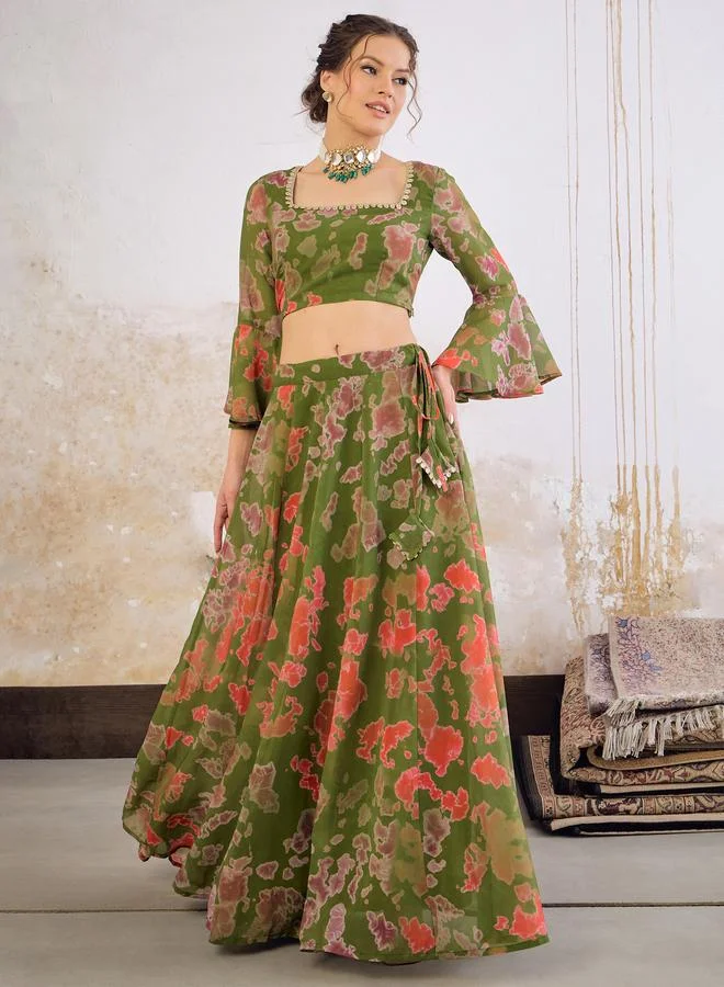 ساسافراس طقم كروب توب وتنورة أناركالي مطبوع باللون الأخضر